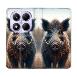 Housse Cuir Portefeuille Pour Xiaomi Redmi Note 14 PRO 5G Chasse Sanglier Attaque