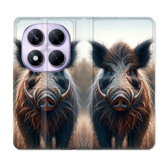 Housse Cuir Portefeuille Pour Xiaomi Redmi Note 14 PRO 5G Chasse Sanglier Attaque