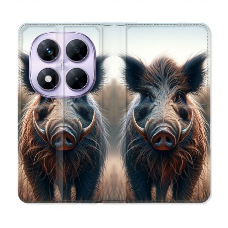 Housse Cuir Portefeuille Pour Xiaomi Redmi Note 14 PRO 5G Chasse Sanglier Attaque