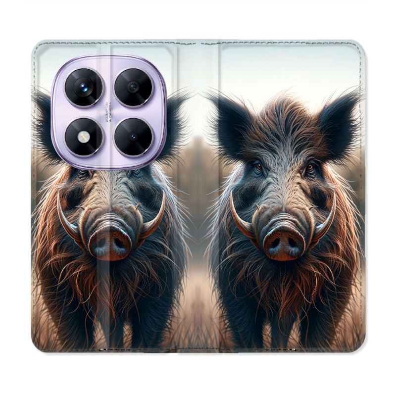 Housse Cuir Portefeuille Pour Xiaomi Redmi Note 14 PRO 5G Chasse Sanglier Attaque