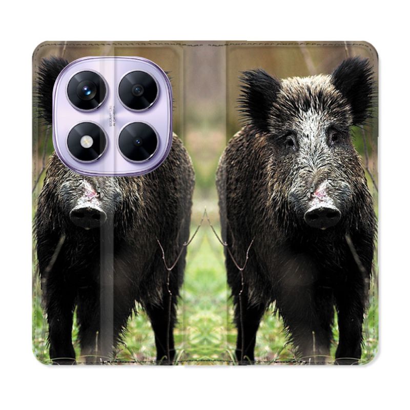 Housse Cuir Portefeuille Pour Xiaomi Redmi Note 14 PRO 5G Chasse Sanglier bois