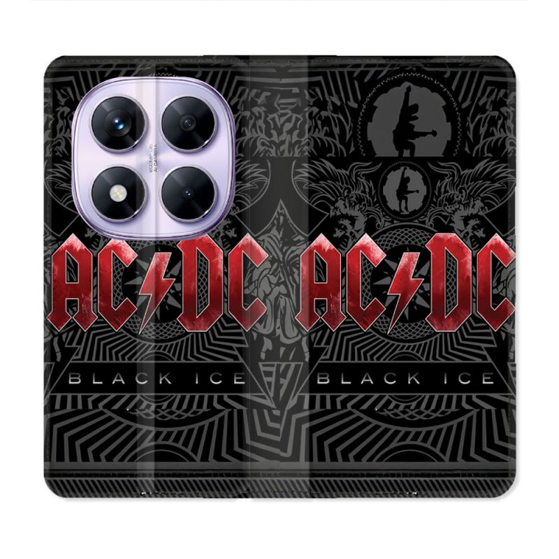 Housse Cuir Portefeuille Pour Xiaomi Redmi Note 14 PRO 5G Musique Rock ACDC Rouge