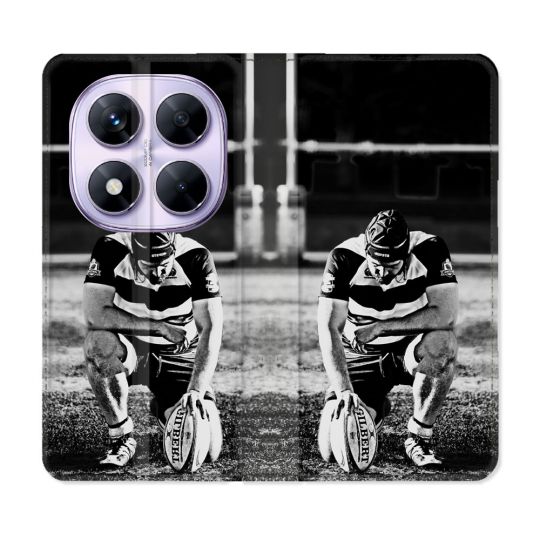 Housse Cuir Portefeuille Pour Xiaomi Redmi Note 14 PRO 5G Sport Rugby Noir Blanc