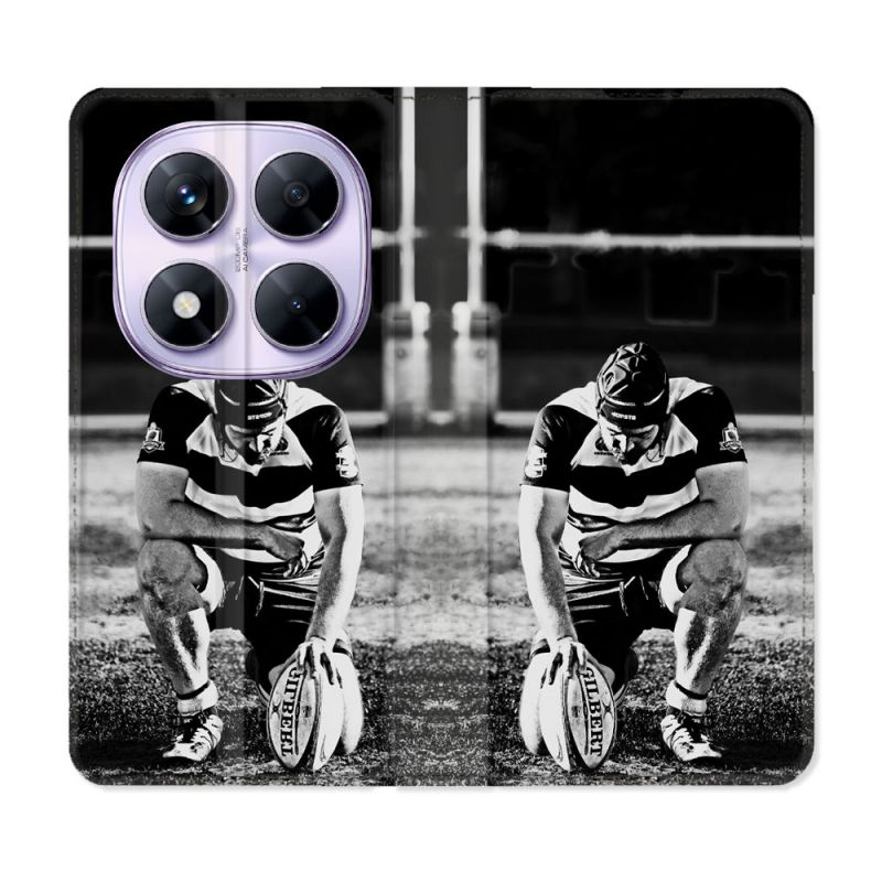 Housse Cuir Portefeuille Pour Xiaomi Redmi Note 14 PRO 5G Sport Rugby Noir Blanc