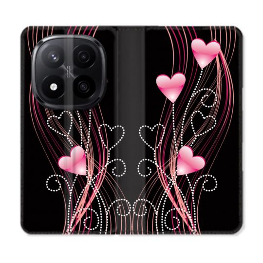 Housse Cuir Portefeuille Pour Xiaomi Redmi Note 14 PRO PLUS 5G Amour Coeur Rose Montant sur Noir