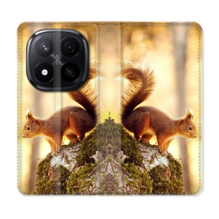 Housse Cuir Portefeuille Pour Xiaomi Redmi Note 14 PRO PLUS 5G Animal Ecureuil Bois