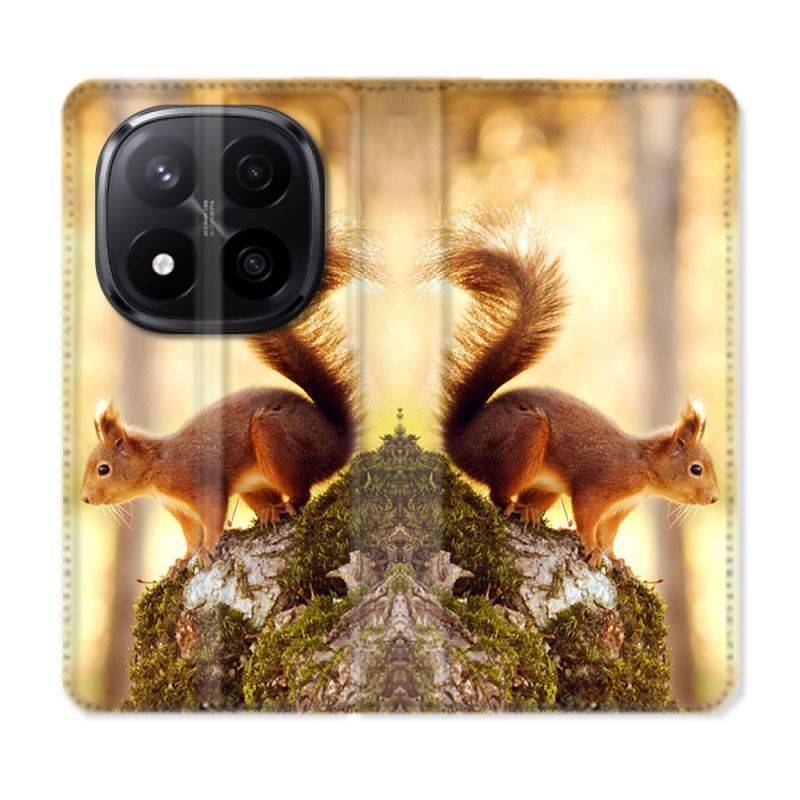 Housse Cuir Portefeuille Pour Xiaomi Redmi Note 14 PRO PLUS 5G Animal Ecureuil Bois