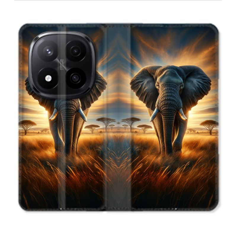 Housse Cuir Portefeuille Pour Xiaomi Redmi Note 14 PRO PLUS 5G Animal Elephant Savane