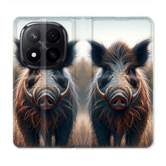 Housse Cuir Portefeuille Pour Xiaomi Redmi Note 14 PRO PLUS 5G Chasse Sanglier Attaque