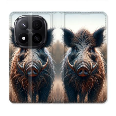 Housse Cuir Portefeuille Pour Xiaomi Redmi Note 14 PRO PLUS 5G Chasse Sanglier Attaque