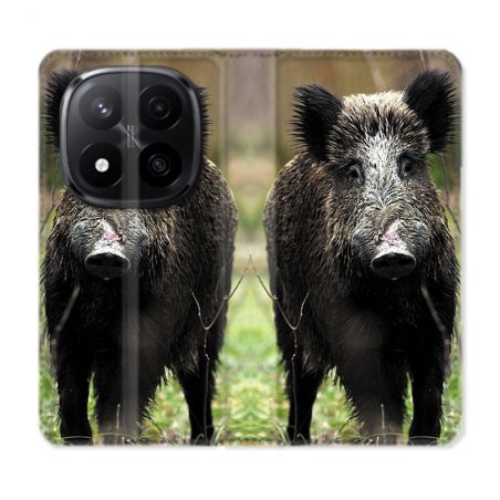 Housse Cuir Portefeuille Pour Xiaomi Redmi Note 14 PRO PLUS 5G Chasse Sanglier bois