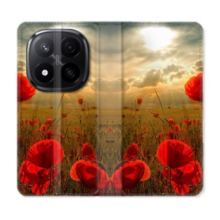 Housse Cuir Portefeuille Pour Xiaomi Redmi Note 14 PRO PLUS 5G Fleur Coquelicot