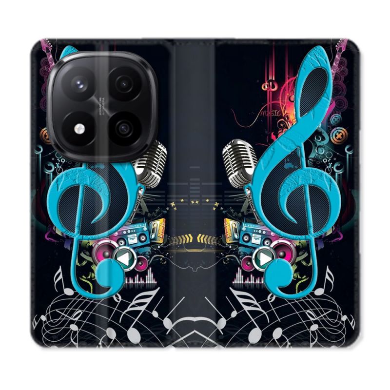 Housse Cuir Portefeuille Pour Xiaomi Redmi Note 14 PRO PLUS 5G Musique Cle Sol Bleu