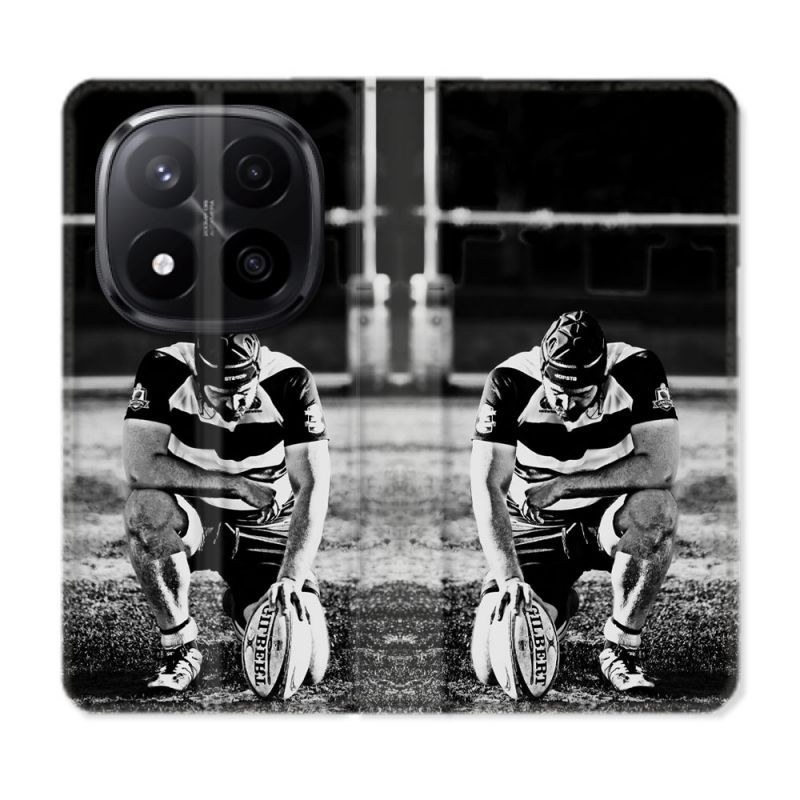Housse Cuir Portefeuille Pour Xiaomi Redmi Note 14 PRO PLUS 5G Sport Rugby Noir Blanc