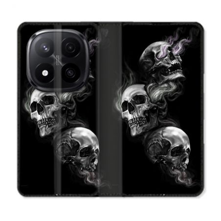Housse Cuir Portefeuille Pour Xiaomi Redmi Note 14 PRO PLUS 5G Tete de Mort Triple