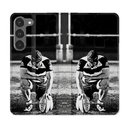 Housse Cuir Portefeuille Pour Samsung Galaxy A26 5G Sport Rugby Noir Blanc