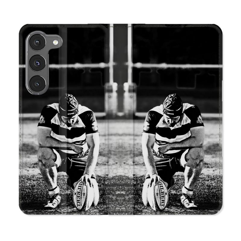 Housse Cuir Portefeuille Pour Samsung Galaxy A26 5G Sport Rugby Noir Blanc