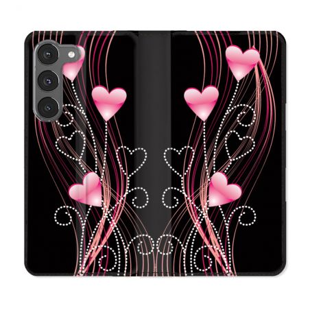 Housse Cuir Portefeuille Pour Samsung Galaxy A56 5G Amour Coeur Rose Montant sur Noir