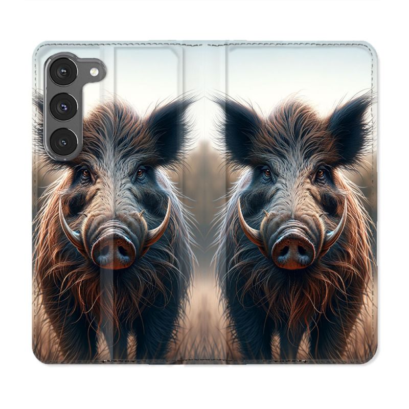 Housse Cuir Portefeuille Pour Samsung Galaxy A56 5G Chasse Sanglier Attaque