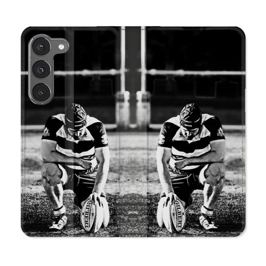 Housse Cuir Portefeuille Pour Samsung Galaxy A56 5G Sport Rugby Noir Blanc