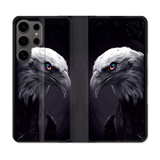 Housse Cuir Portefeuille Pour Samsung Galaxy S25 Animal Aigle Royal Noir