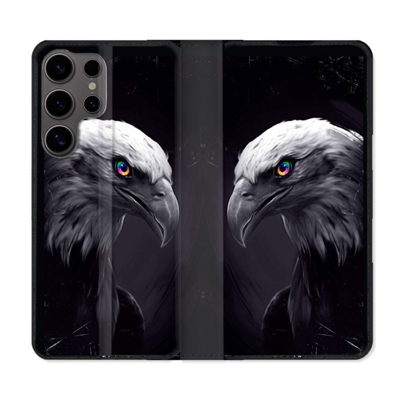 Housse Cuir Portefeuille Pour Samsung Galaxy S25 Animal Aigle Royal Noir