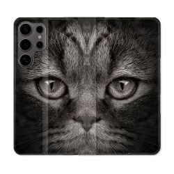 Housse Cuir Portefeuille Pour Samsung Galaxy S25 Animal Chat Gris