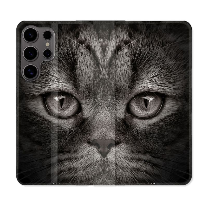 Housse Cuir Portefeuille Pour Samsung Galaxy S25 Animal Chat Gris