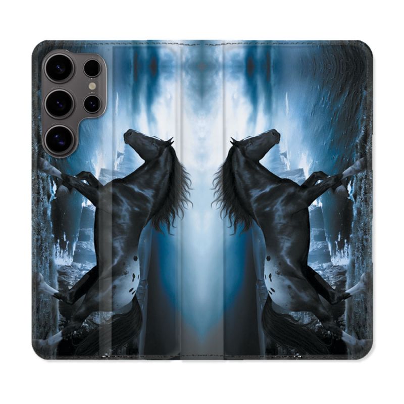 Housse Cuir Portefeuille Pour Samsung Galaxy S25 Animal Cheval Noir