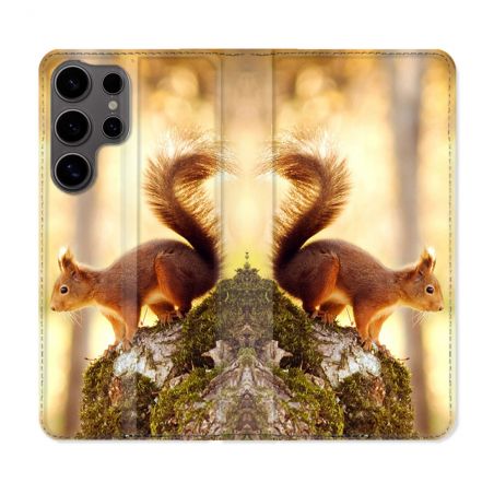 Housse Cuir Portefeuille Pour Samsung Galaxy S25 Animal Ecureuil Bois