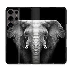 Housse Cuir Portefeuille Pour Samsung Galaxy S25 Animal Elephant Noir