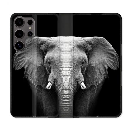 Housse Cuir Portefeuille Pour Samsung Galaxy S25 Animal Elephant Noir