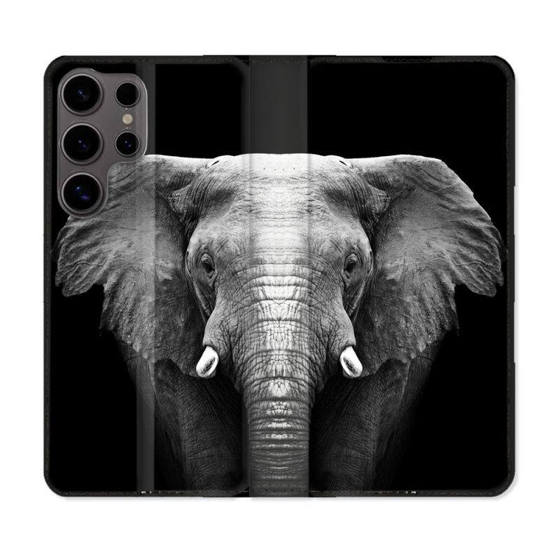 Housse Cuir Portefeuille Pour Samsung Galaxy S25 Animal Elephant Noir