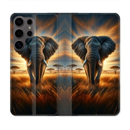 Housse Cuir Portefeuille Pour Samsung Galaxy S25 Animal Elephant Savane