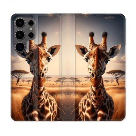 Housse Cuir Portefeuille Pour Samsung Galaxy S25 Animal Girafe Savane