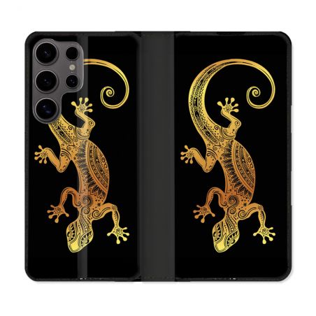 Housse Cuir Portefeuille Pour Samsung Galaxy S25 Animal Lezard Noir