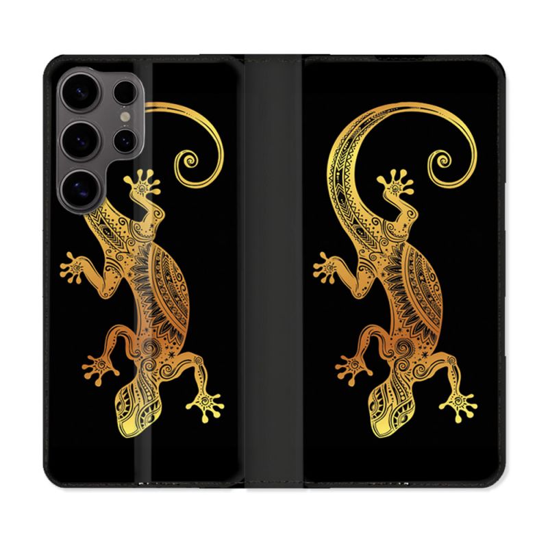 Housse Cuir Portefeuille Pour Samsung Galaxy S25 Animal Lezard Noir
