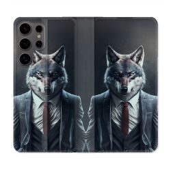 Housse Cuir Portefeuille Pour Samsung Galaxy S25 Animal Loup Business