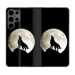 Housse Cuir Portefeuille Pour Samsung Galaxy S25 Animal Loup Noir