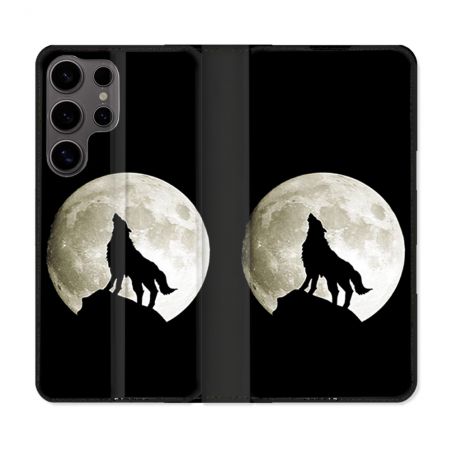 Housse Cuir Portefeuille Pour Samsung Galaxy S25 Animal Loup Noir