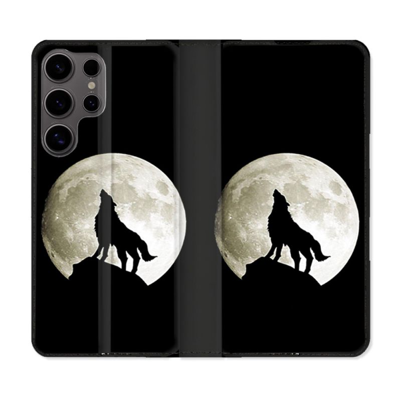 Housse Cuir Portefeuille Pour Samsung Galaxy S25 Animal Loup Noir