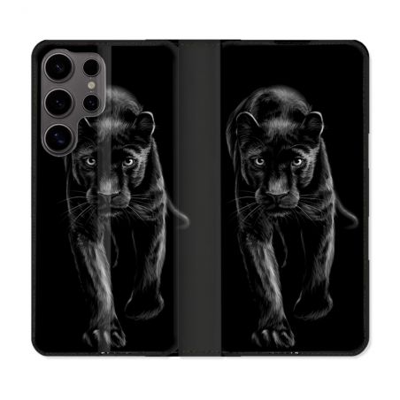 Housse Cuir Portefeuille Pour Samsung Galaxy S25 Animal Panthère Noire