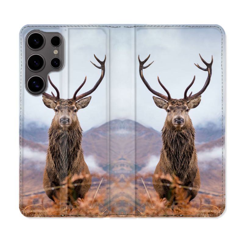 Housse Cuir Portefeuille Pour Samsung Galaxy S25 Chasse Chevreuil Montagne