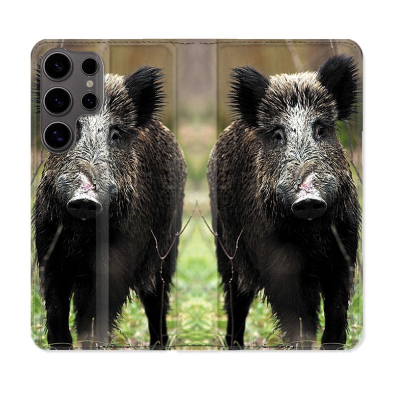 Housse Cuir Portefeuille Pour Samsung Galaxy S25 Chasse Sanglier bois