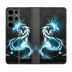 Housse Cuir Portefeuille Pour Samsung Galaxy S25 Fantastique Dragon Bleu