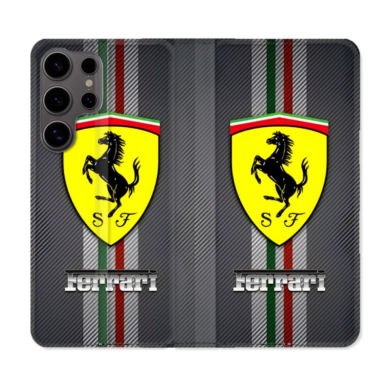 Housse Cuir Portefeuille Pour Samsung Galaxy S25 Ferrari Carbone