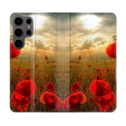 Housse Cuir Portefeuille Pour Samsung Galaxy S25 Fleur Coquelicot