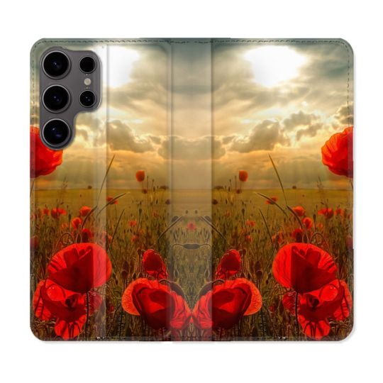 Housse Cuir Portefeuille Pour Samsung Galaxy S25 Fleur Coquelicot