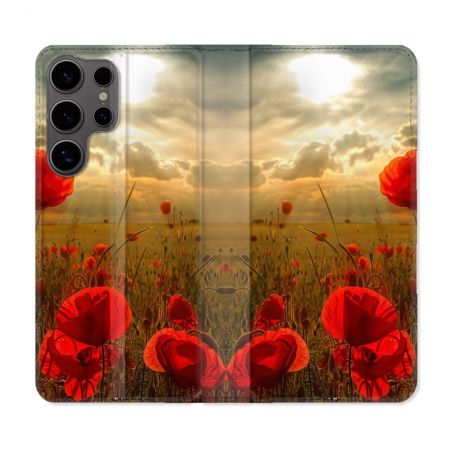 Housse Cuir Portefeuille Pour Samsung Galaxy S25 Fleur Coquelicot
