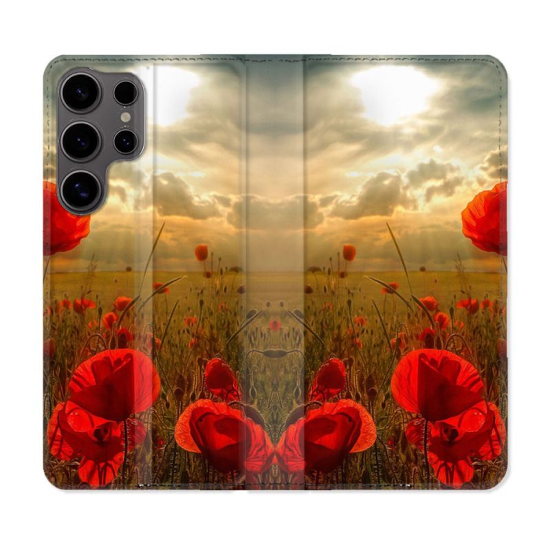 Housse Cuir Portefeuille Pour Samsung Galaxy S25 Fleur Coquelicot